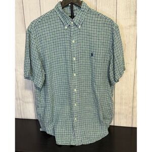 Ralph Lauren Men's Shirt L Green Plaid 100% Linen Short Sleeve Classic VGC